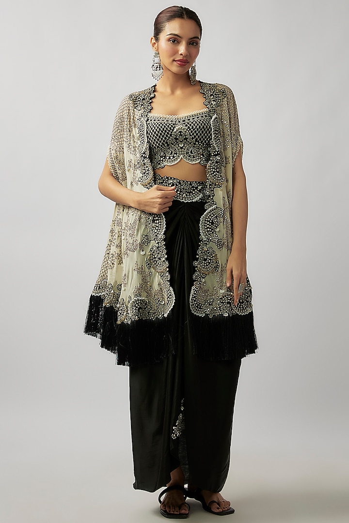 Off-White Organza Hand Embroidered Cape Set by Nupur Kanoi