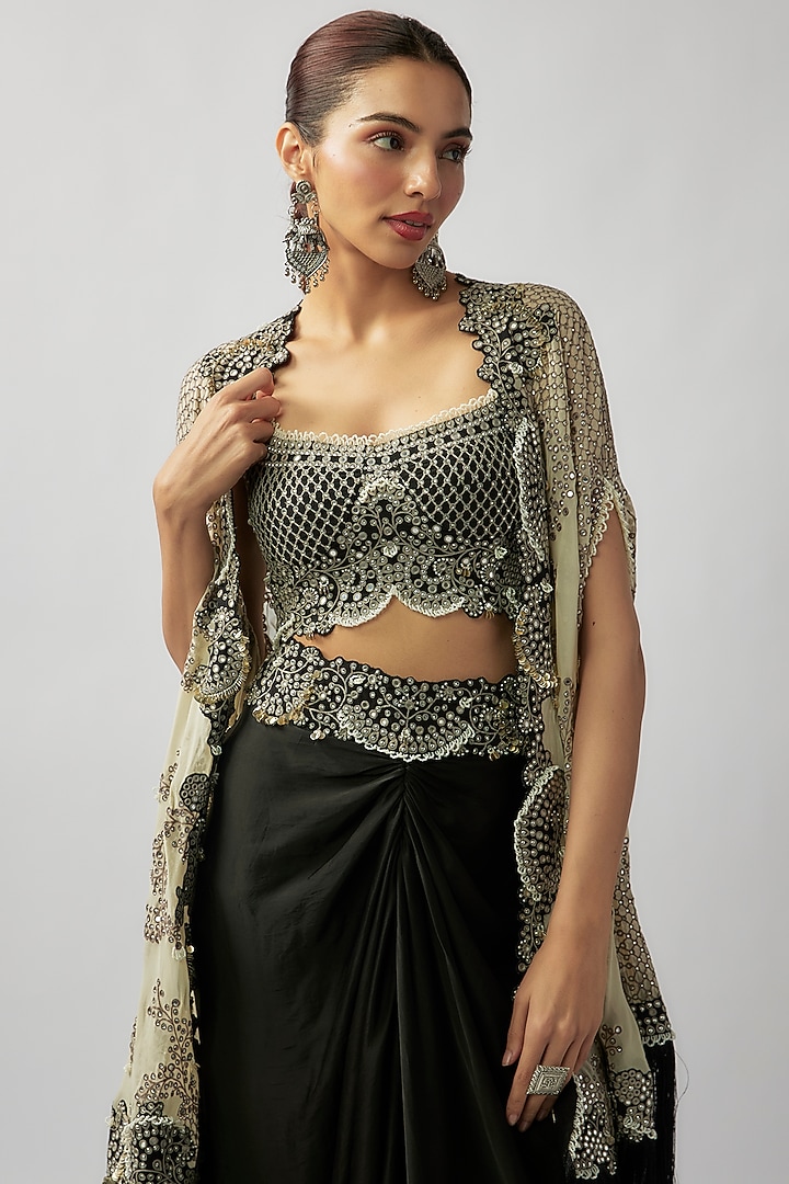 Off-White Organza Hand Embroidered Cape Set by Nupur Kanoi at Pernia's Pop Up Shop