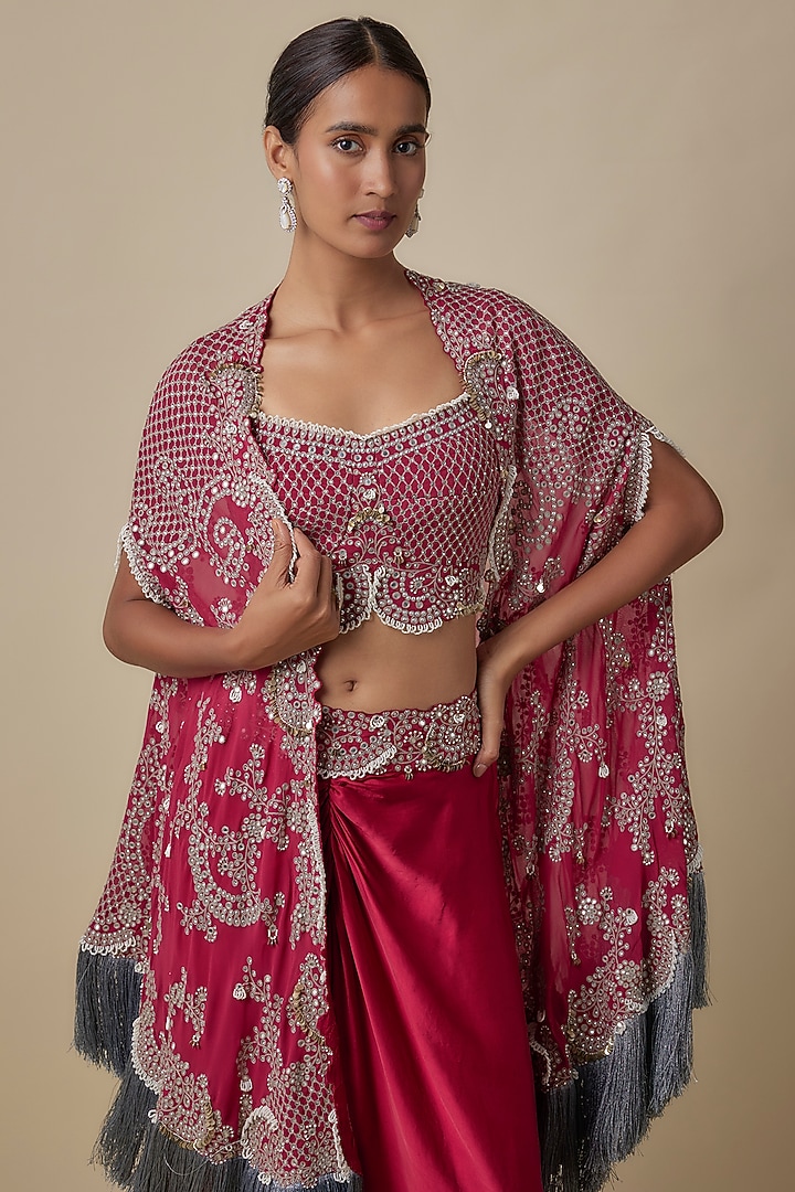 Burgundy Satin Skirt Set by Nupur Kanoi at Pernia's Pop Up Shop