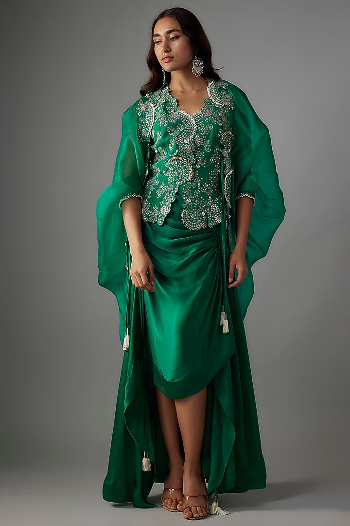 Sea Green Organza Gathered Cape Set by Nupur Kanoi at Pernia's Pop Up Shop