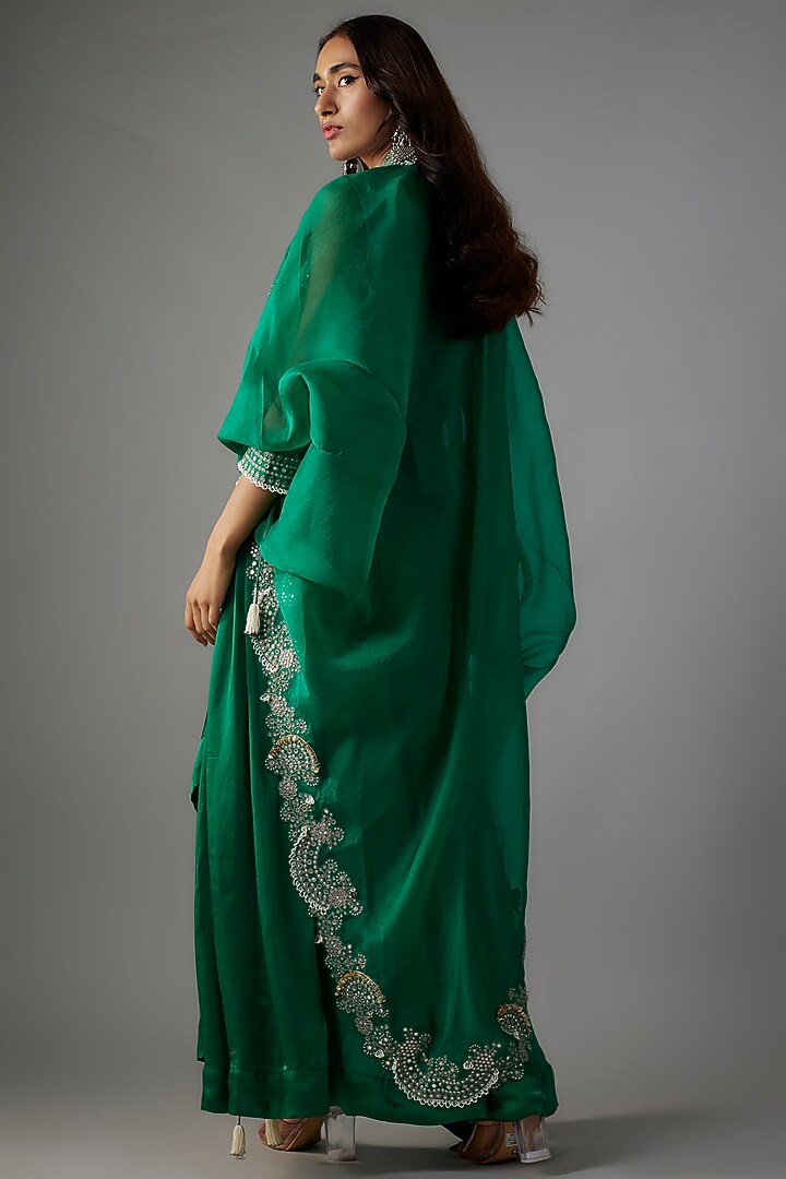 Sea Green Organza Gathered Cape Set by Nupur Kanoi at Pernia's Pop Up Shop