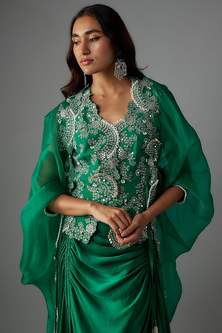Sea Green Organza Gathered Cape Set by Nupur Kanoi at Pernia's Pop Up Shop