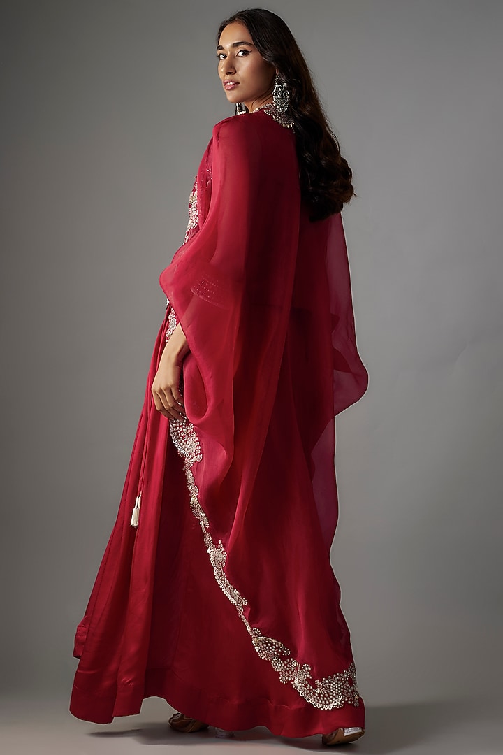 Burgundy Organza Gathered Cape Set by Nupur Kanoi at Pernia's Pop Up Shop