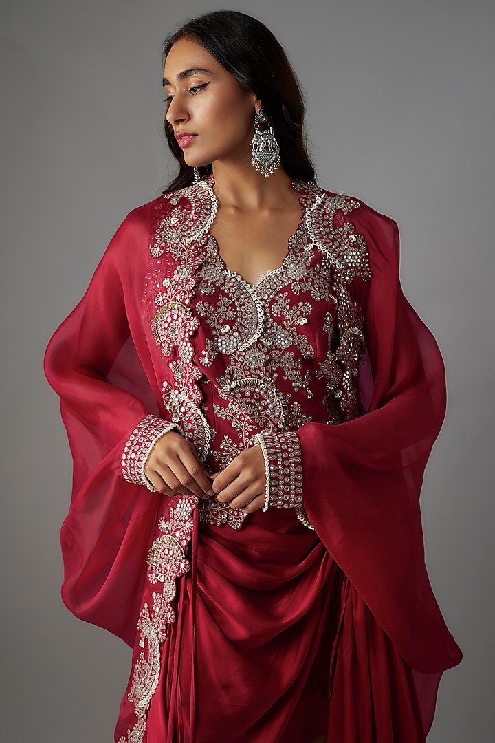 Burgundy Organza Gathered Cape Set by Nupur Kanoi at Pernia's Pop Up Shop