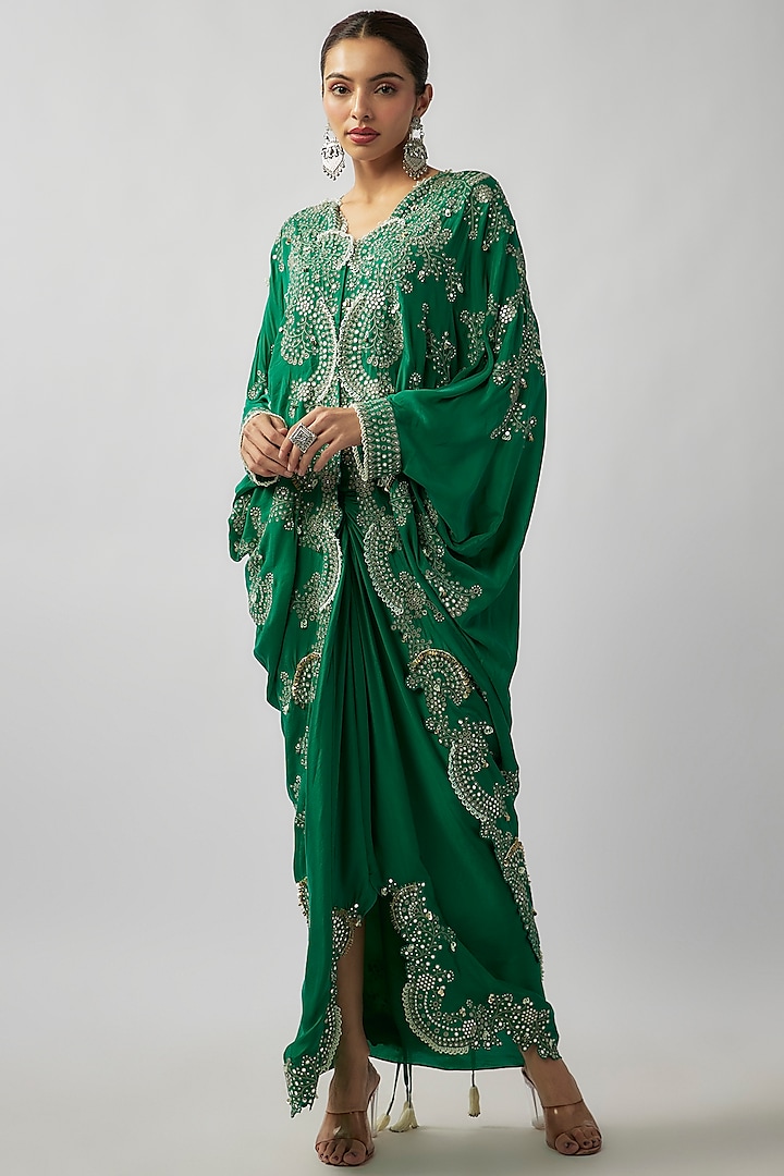 Sea Green Silk Hand Embroidered Jacket Set by Nupur Kanoi