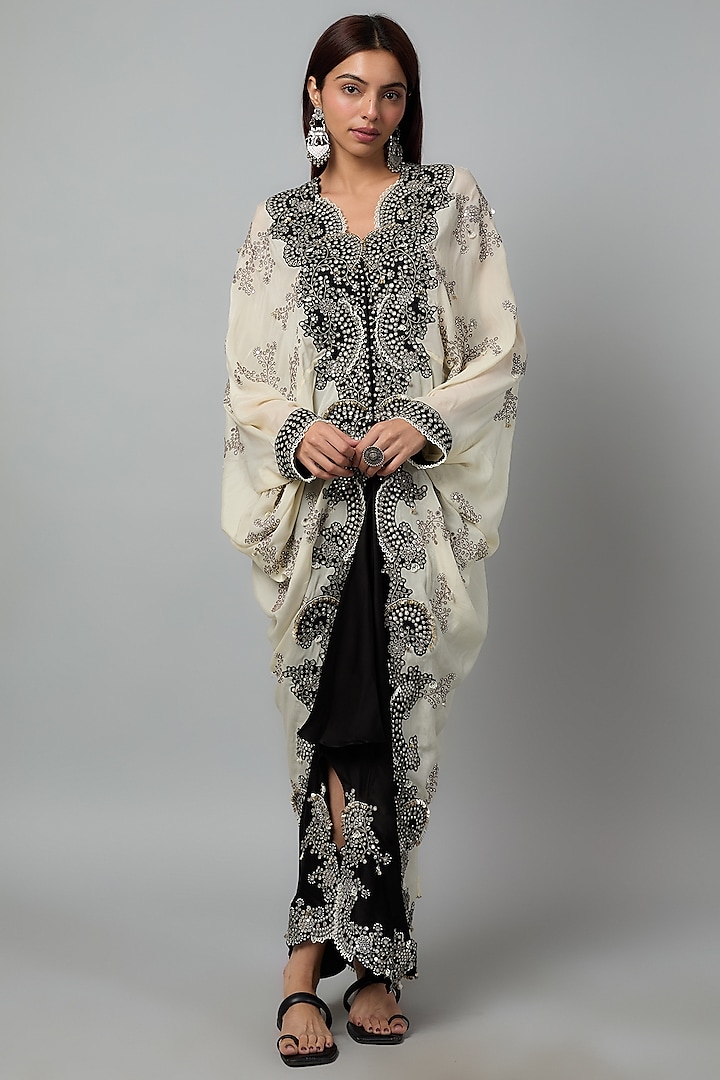 Off-White Crepe Mirror Cutwork Hand Embroidered Tie-Dye Gathered Jacket Set by Nupur Kanoi