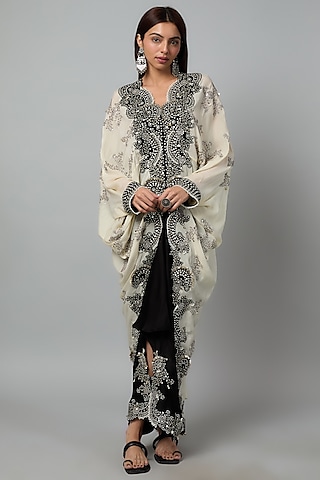 Off-White Crepe Mirror Cutwork Hand Embroidered Tie-Dye Gathered Jacket Set by Nupur Kanoi