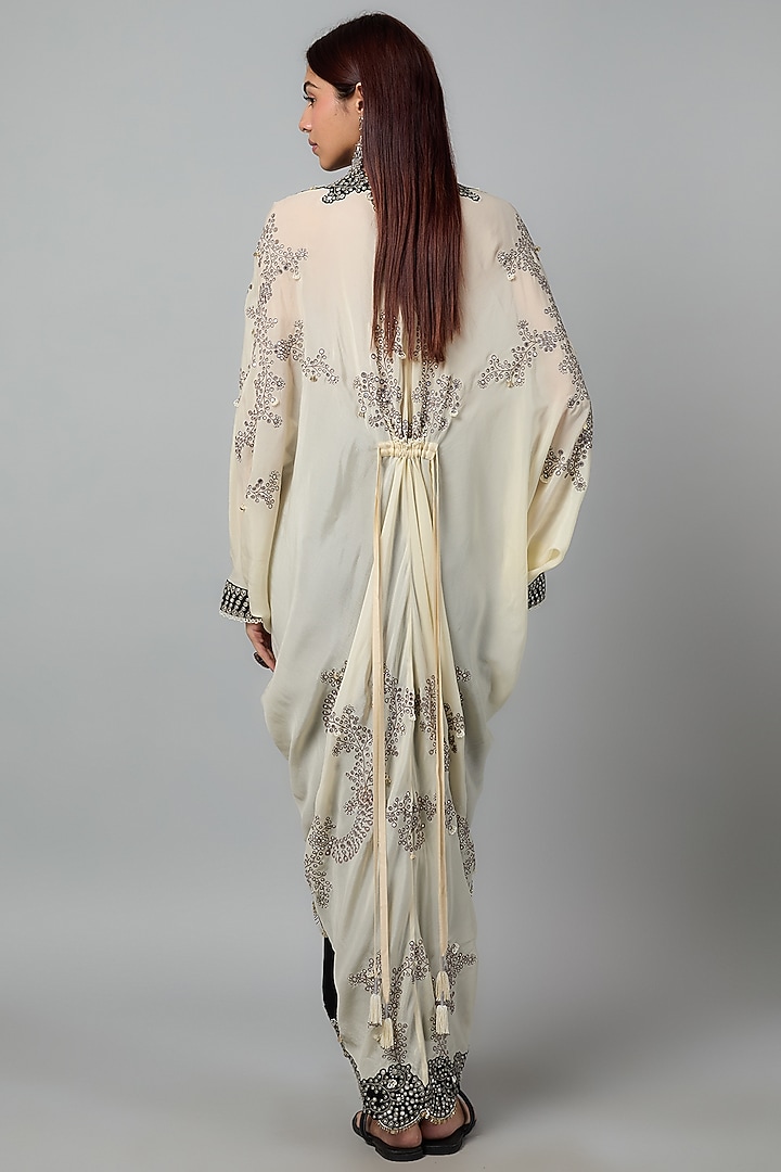 Off-White Crepe Mirror Cutwork Hand Embroidered Tie-Dye Gathered Jacket Set by Nupur Kanoi at Pernia's Pop Up Shop