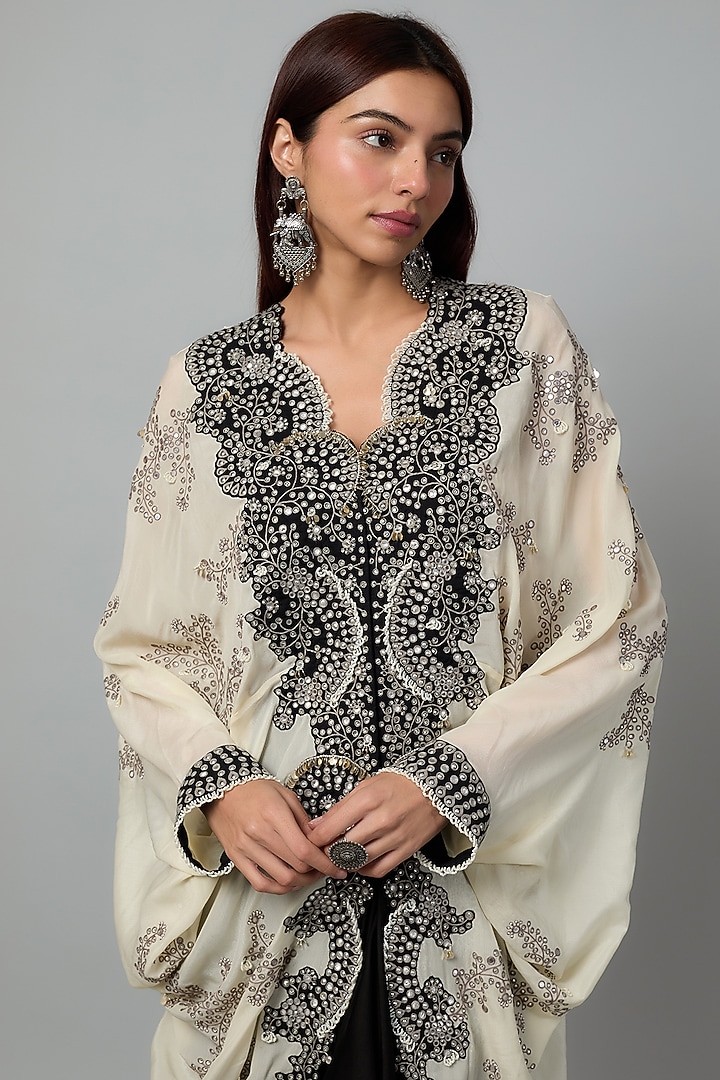 Off-White Crepe Mirror Cutwork Hand Embroidered Tie-Dye Gathered Jacket Set by Nupur Kanoi at Pernia's Pop Up Shop