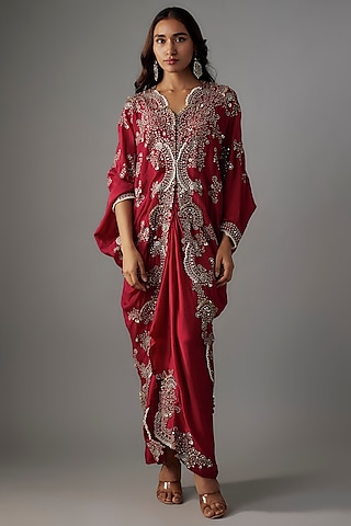 Burgundy Silk Mirror Embroidered Cape Set by Nupur Kanoi