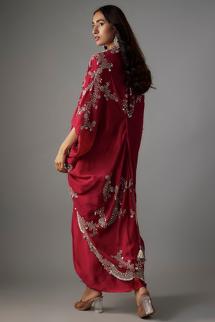 Burgundy Silk Mirror Embroidered Cape Set by Nupur Kanoi at Pernia's Pop Up Shop
