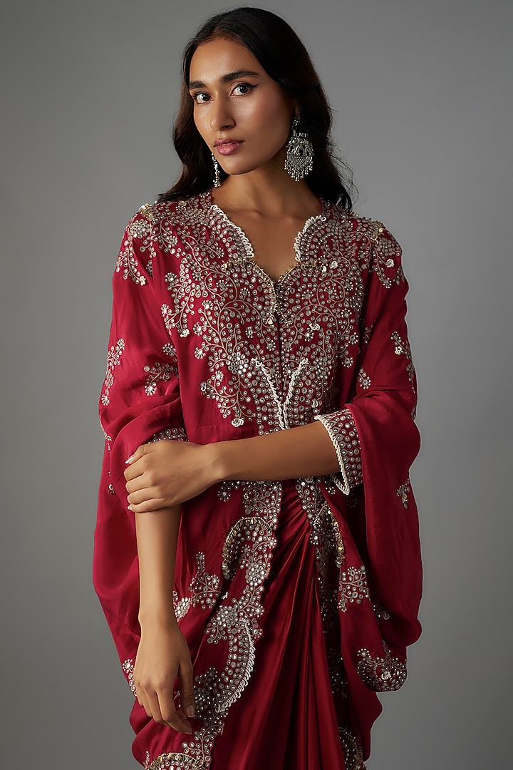 Burgundy Silk Mirror Embroidered Cape Set by Nupur Kanoi at Pernia's Pop Up Shop