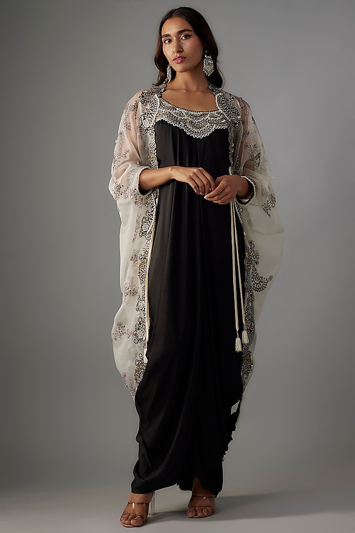 Black Satin Mirror Embroidered Maxi Jacket Dress by Nupur Kanoi at Pernia's Pop Up Shop