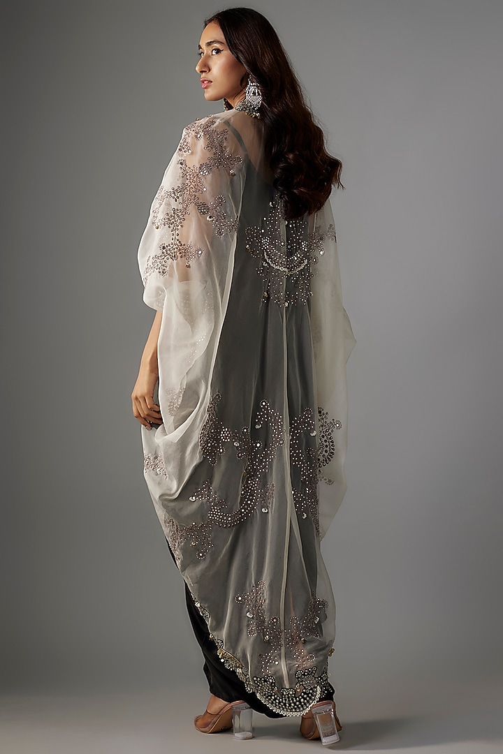 Black Satin Mirror Embroidered Maxi Jacket Party Wear Dress by Nupur Kanoi at Pernia's Pop Up Shop