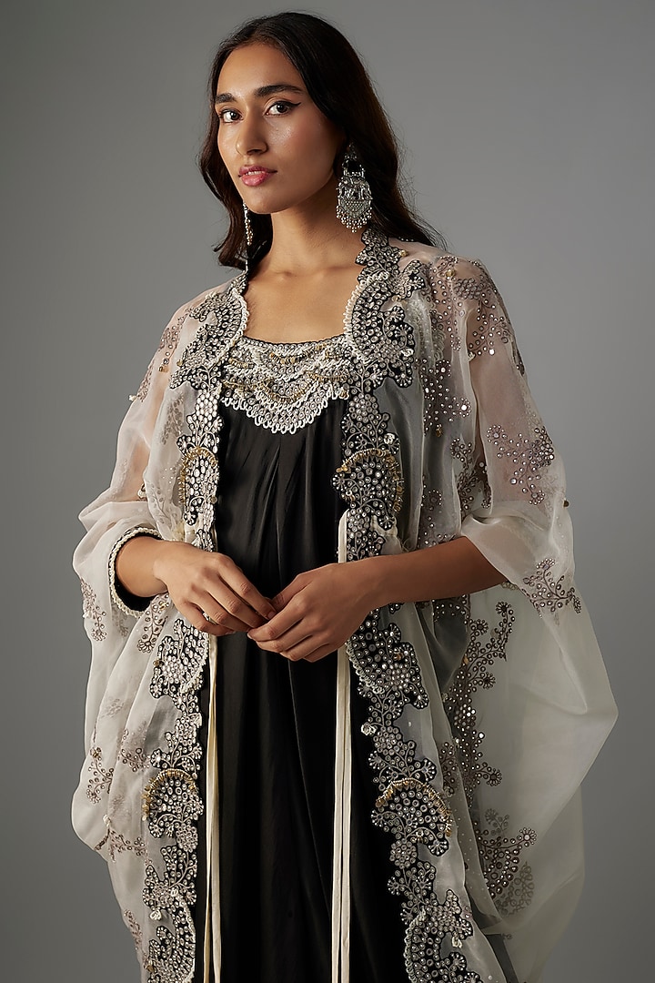 Black Satin Mirror Embroidered Maxi Jacket Party Wear Dress by Nupur Kanoi at Pernia's Pop Up Shop