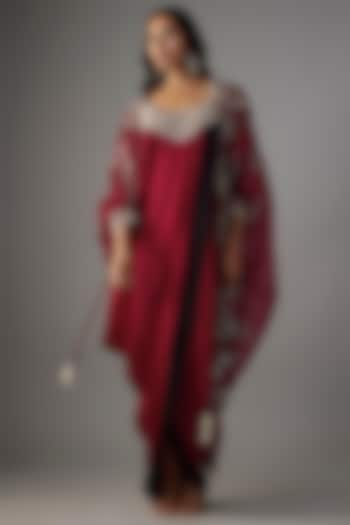 Burgundy Satin Mirror Embroidered Maxi Jacket Dress by Nupur Kanoi
