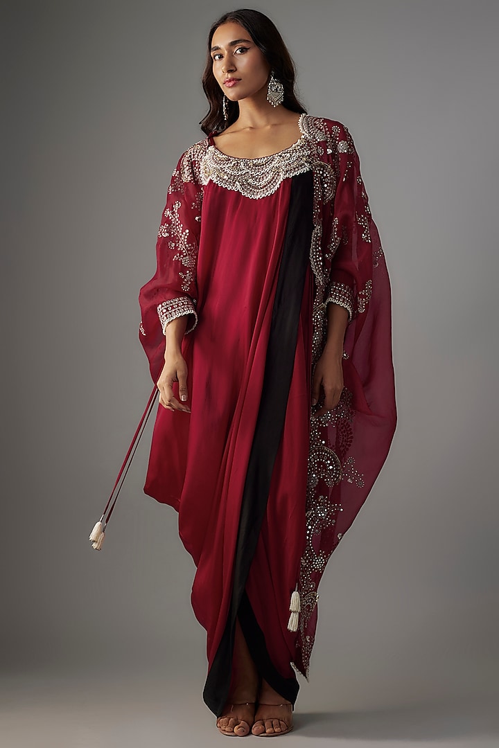 Burgundy Satin Mirror Embroidered Maxi Jacket Dress by Nupur Kanoi