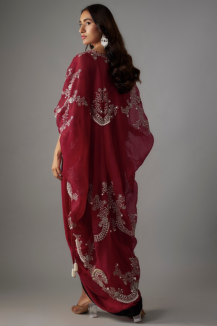 Burgundy Satin Mirror Embroidered Maxi Jacket Party Wear Dress by Nupur Kanoi at Pernia's Pop Up Shop