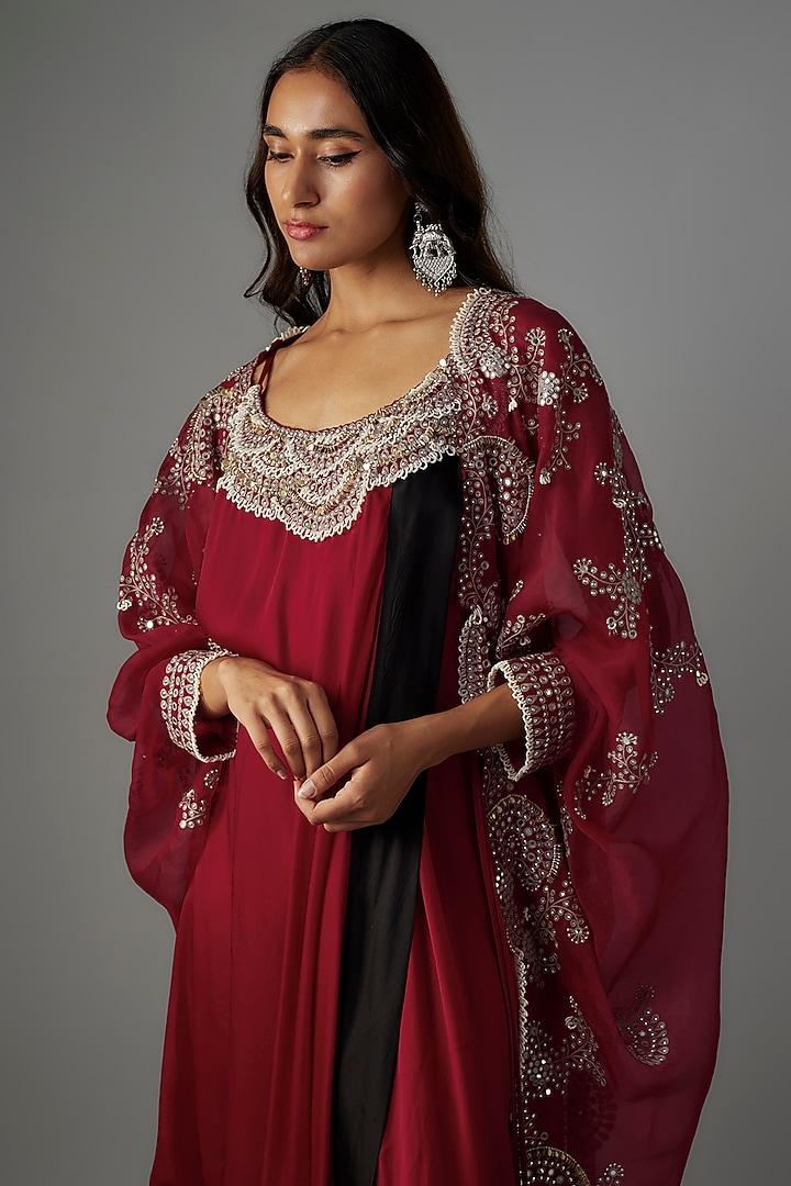 Burgundy Satin Mirror Embroidered Maxi Jacket Party Wear Dress by Nupur Kanoi at Pernia's Pop Up Shop