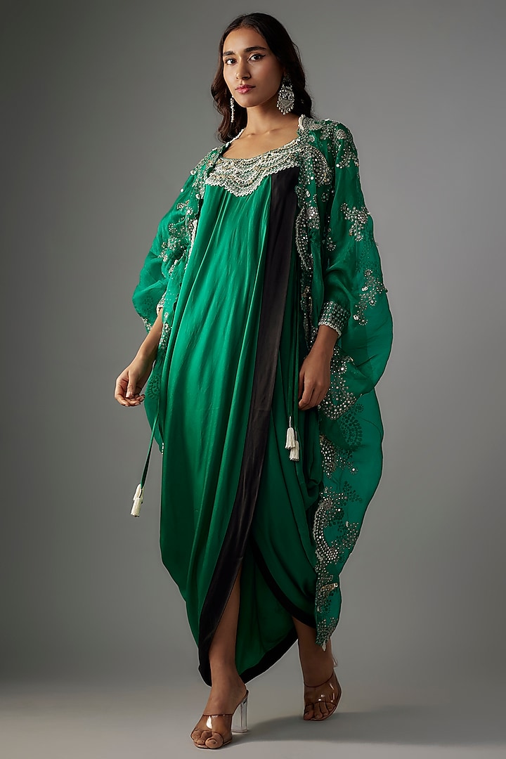 Sea Green Satin Mirror Embroidered Maxi Jacket Dress by Nupur Kanoi at Pernia's Pop Up Shop