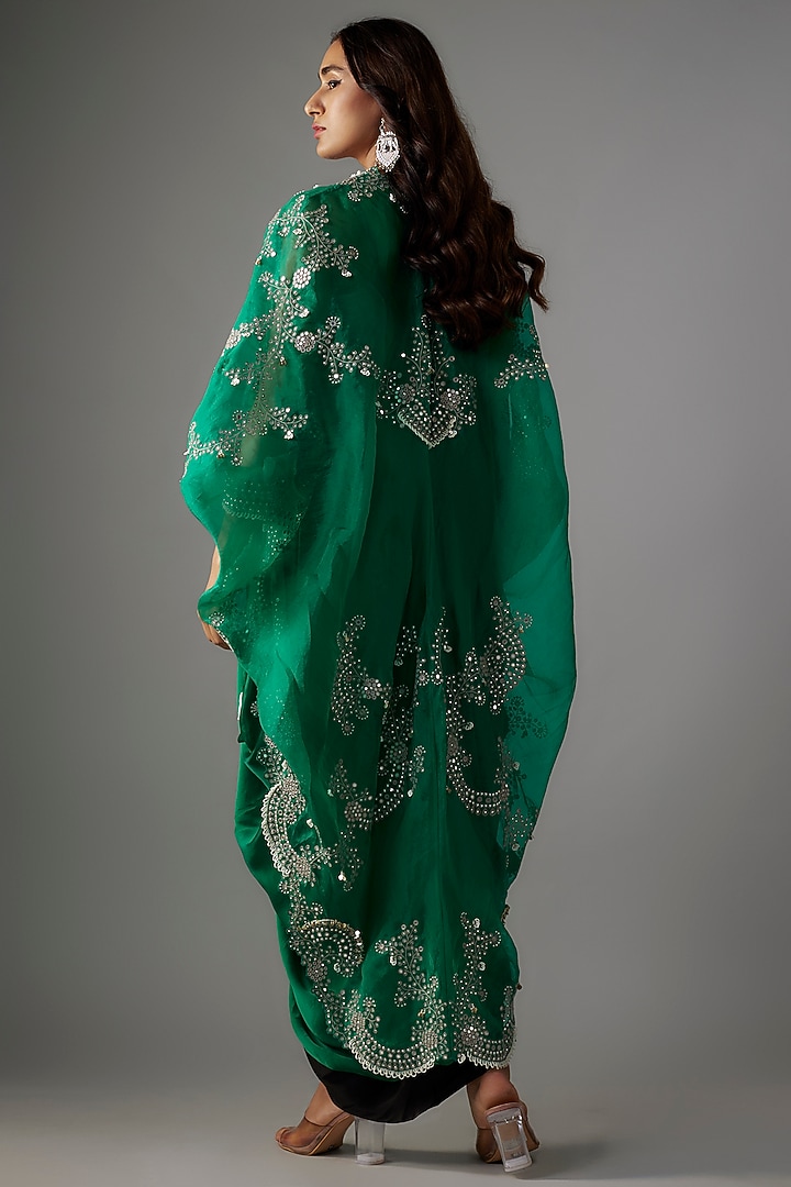 Sea Green Satin Mirror Embroidered Maxi Jacket Party Wear Dress by Nupur Kanoi at Pernia's Pop Up Shop