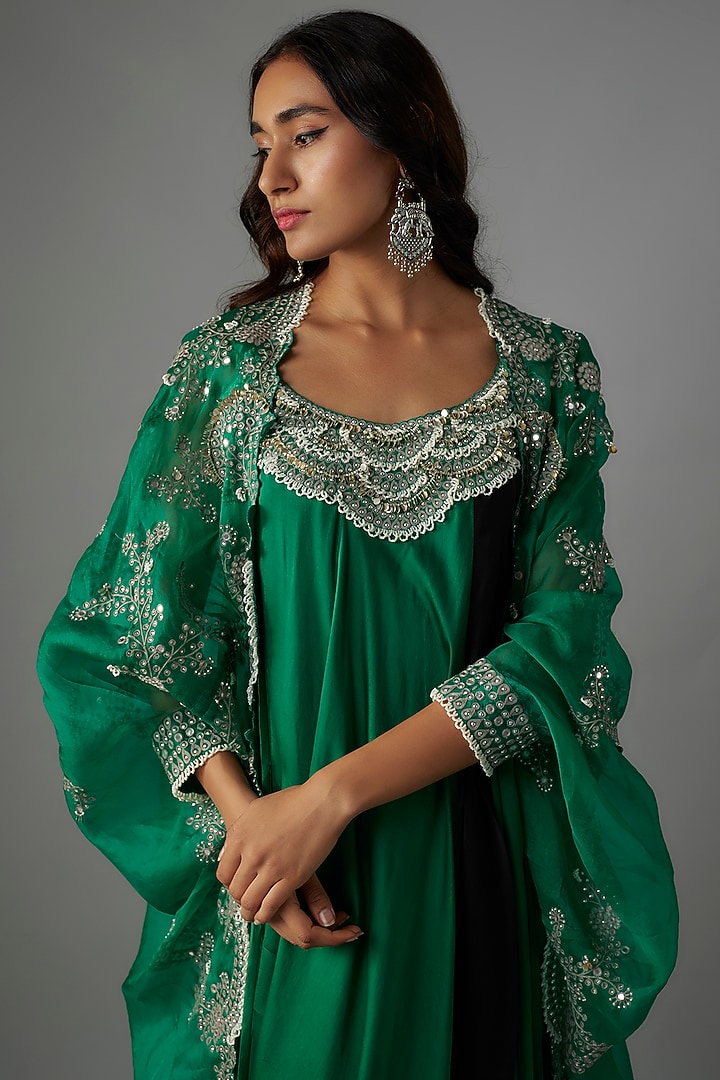 Sea Green Satin Mirror Embroidered Maxi Jacket Party Wear Dress by Nupur Kanoi at Pernia's Pop Up Shop