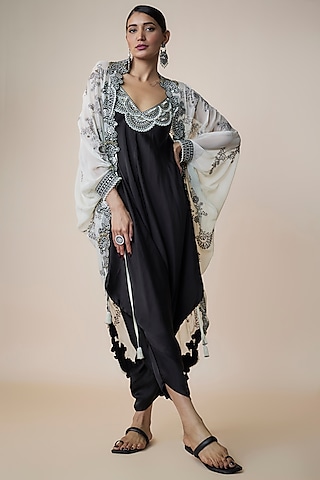 Black Satin Tie-Dye Jumpsuit WIth Cape by Nupur Kanoi