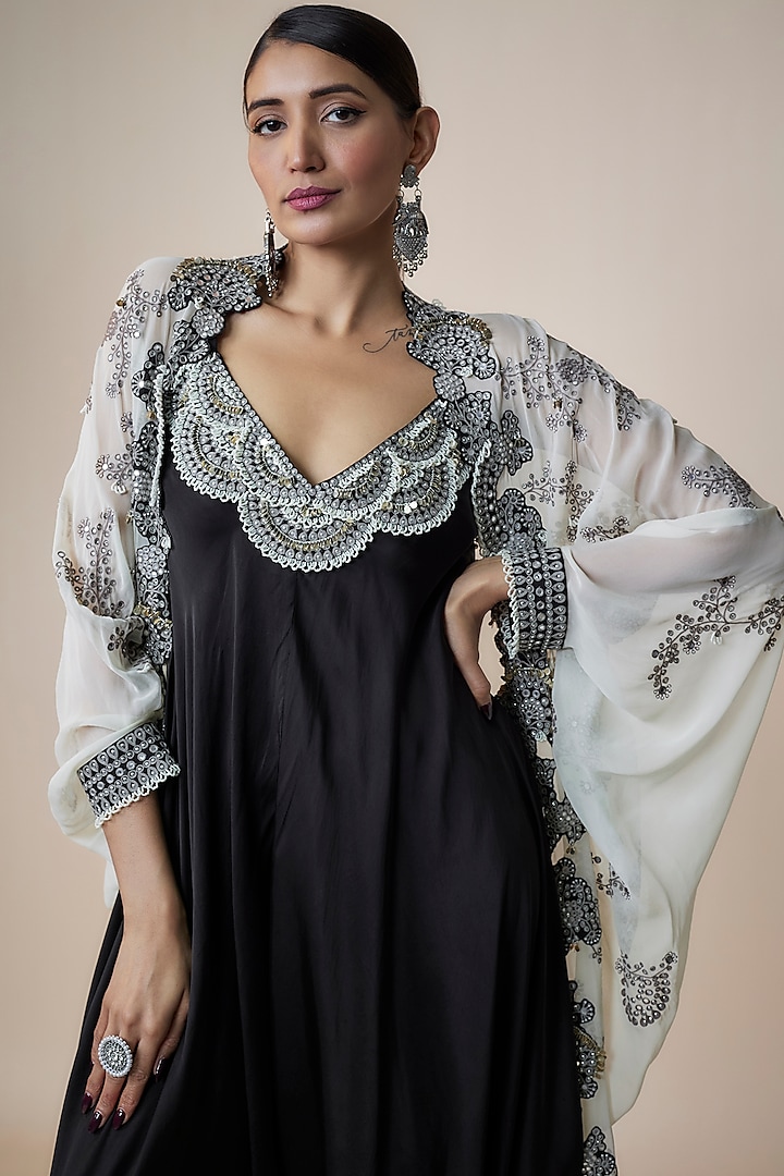 Black Satin Tie-Dye Jumpsuit WIth Cape by Nupur Kanoi at Pernia's Pop Up Shop