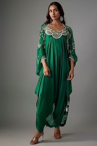 Sea Green Satin Mirror Embroidered Strappy Jumpsuit With Cape by Nupur Kanoi
