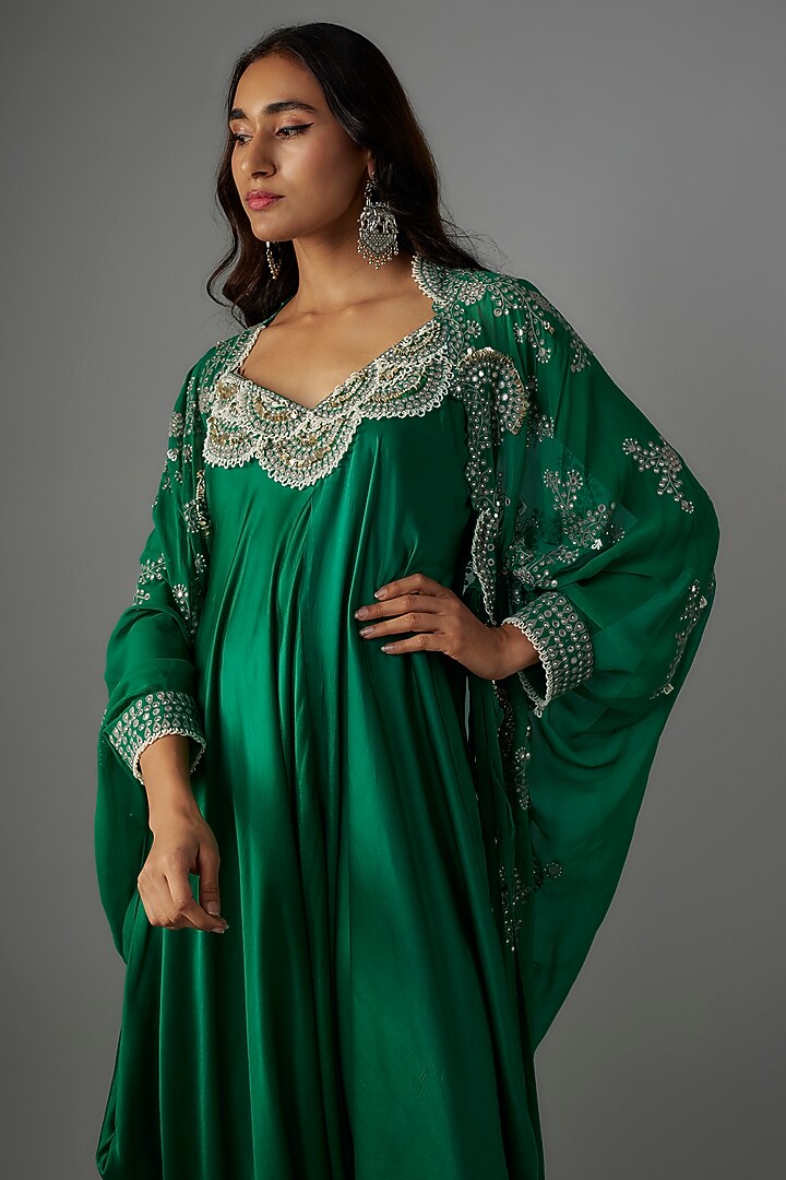 Sea Green Satin Mirror Embroidered Strappy Jumpsuit With Cape by Nupur Kanoi at Pernia's Pop Up Shop