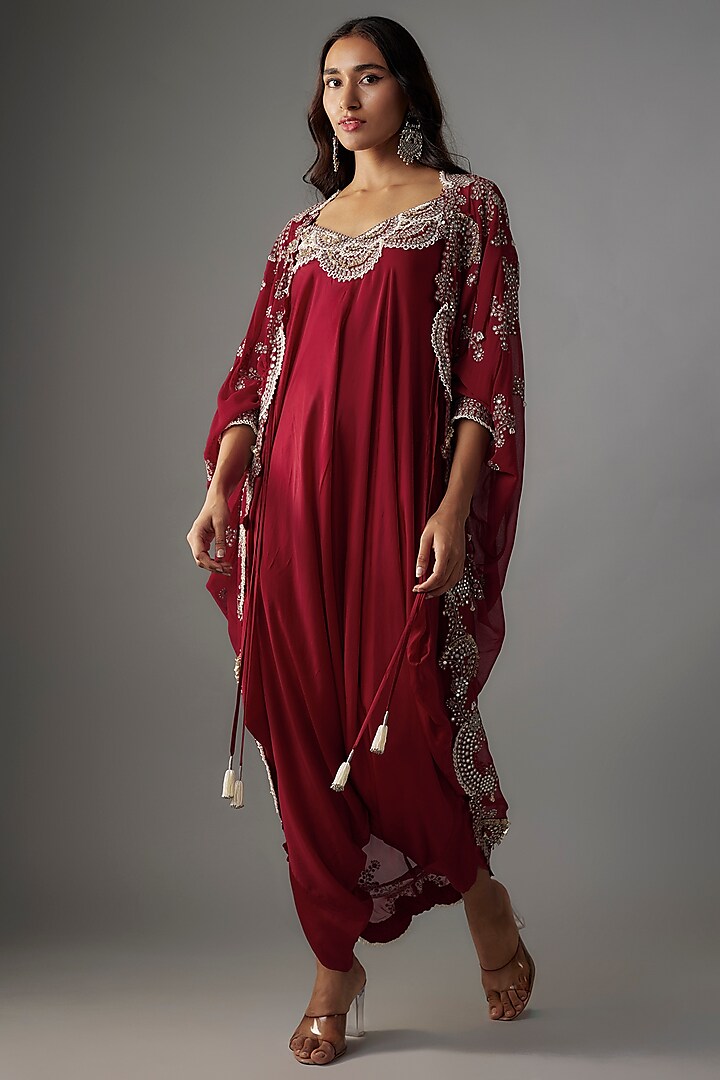 Burgundy Satin Mirror Embroidered Strappy Jumpsuit With Cape by Nupur Kanoi