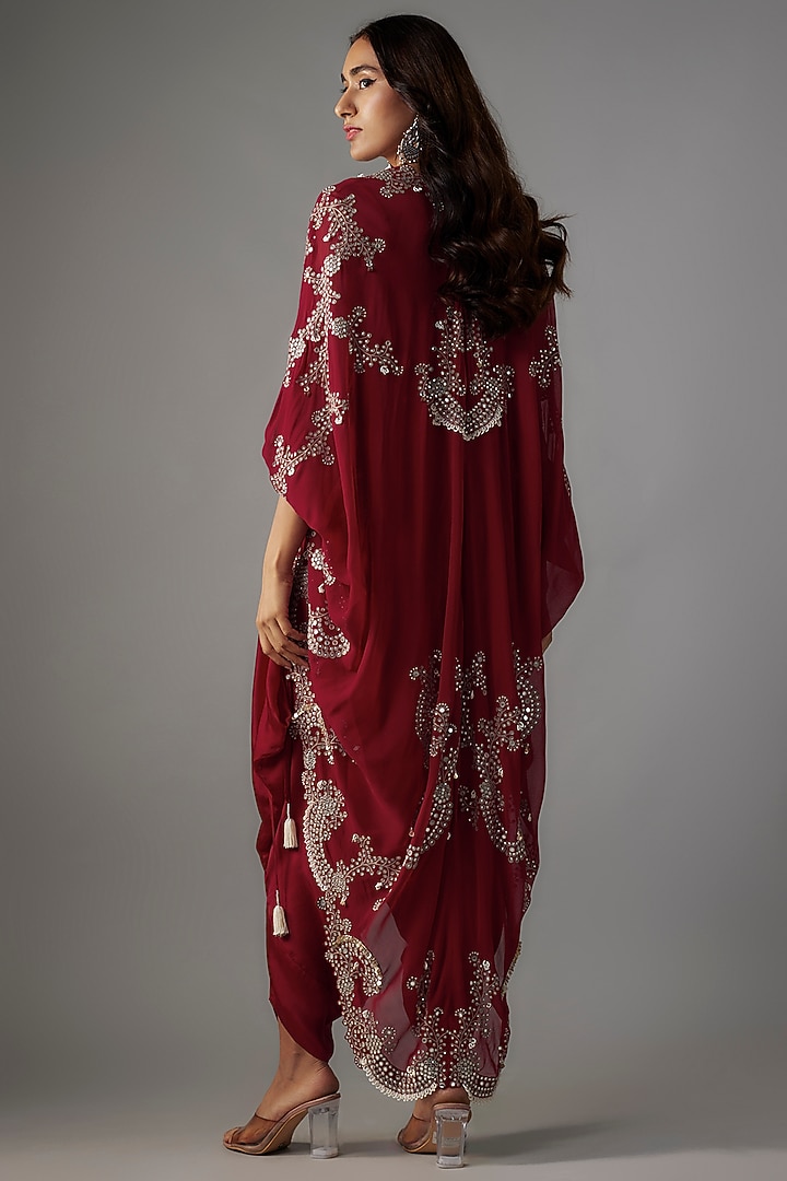 Burgundy Satin Mirror Embroidered Strappy Jumpsuit With Cape by Nupur Kanoi at Pernia's Pop Up Shop
