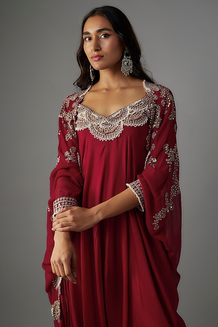 Burgundy Satin Mirror Embroidered Strappy Jumpsuit With Cape by Nupur Kanoi at Pernia's Pop Up Shop