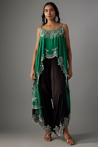 Black Satin Draped Pant Set by Nupur Kanoi
