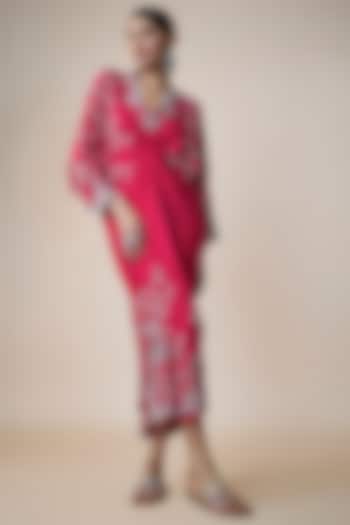 Fuchsia Silk Hand Embroidered Tie-Dye Kaftan Dress by Nupur Kanoi