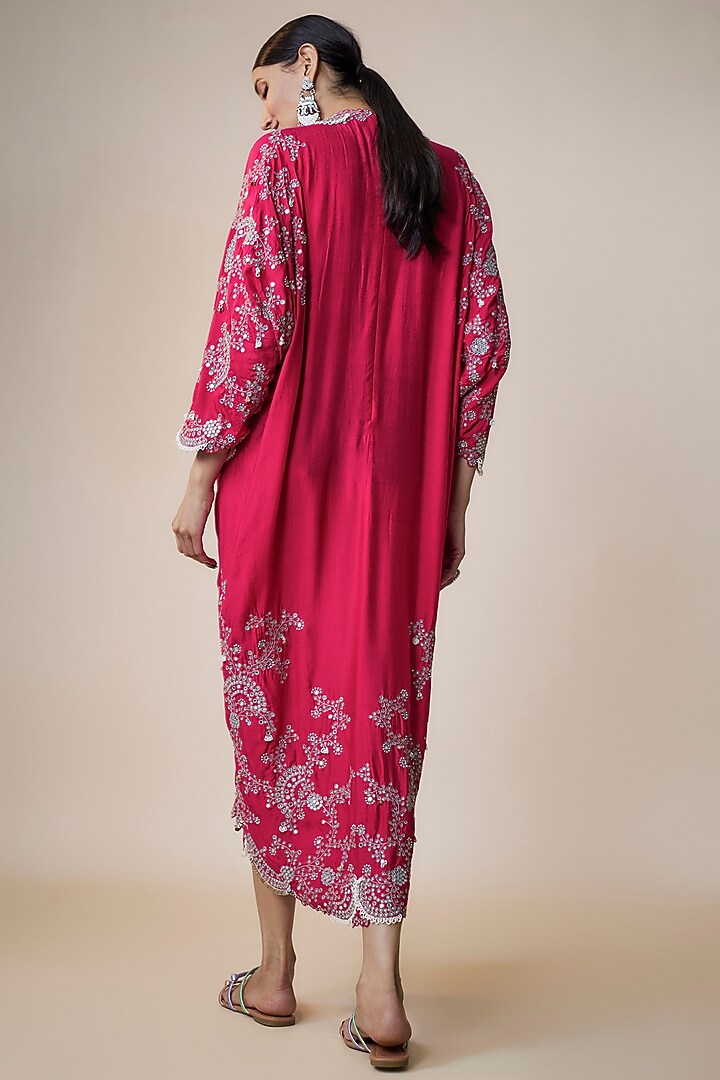 Fuchsia Silk Hand Embroidered Tie-Dye Kaftan Dress by Nupur Kanoi at Pernia's Pop Up Shop