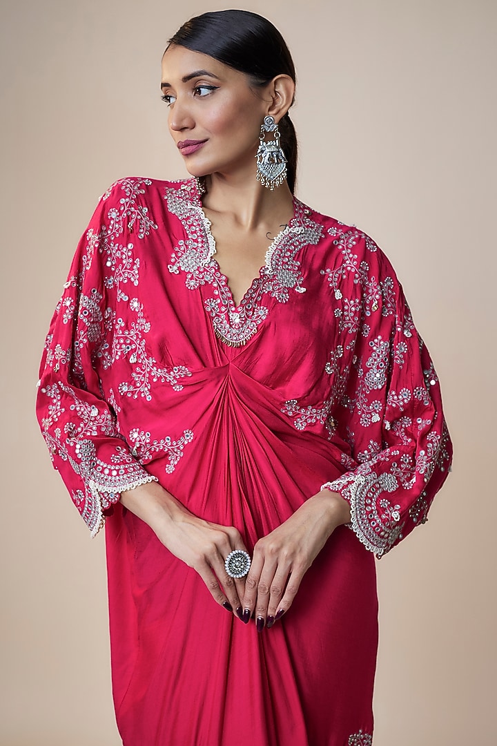 Fuchsia Silk Hand Embroidered Tie-Dye Kaftan Dress by Nupur Kanoi at Pernia's Pop Up Shop