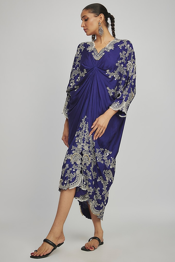 Navy Blue Silk Hand Embroidered Midi Dress by Nupur Kanoi