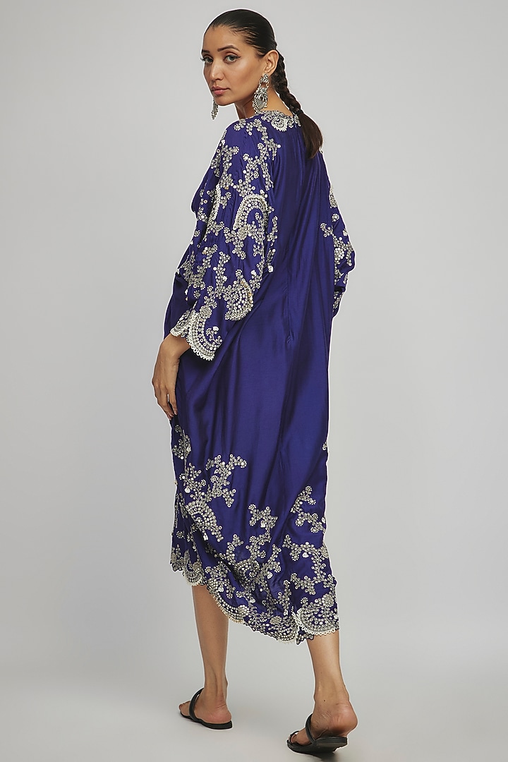 Navy Blue Silk Hand Embroidered Midi Party Wear Dress by Nupur Kanoi at Pernia's Pop Up Shop