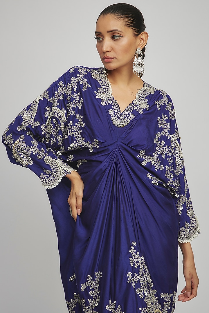 Navy Blue Silk Hand Embroidered Midi Party Wear Dress by Nupur Kanoi at Pernia's Pop Up Shop