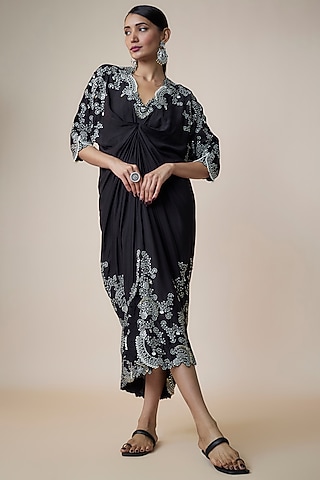 Black Silk Hand Embroidered Tie-Dye Kaftan Dress by Nupur Kanoi