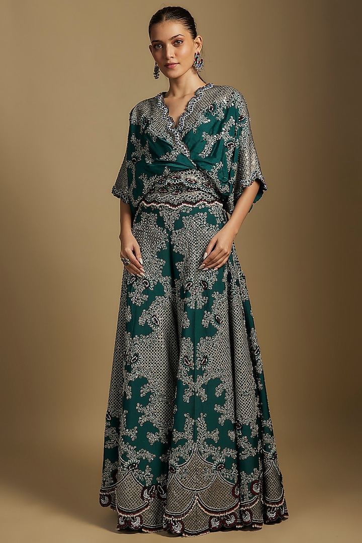 Teal Green Silk & Crepe Hand Embroidered Sharara Set by Nupur Kanoi at Pernia's Pop Up Shop