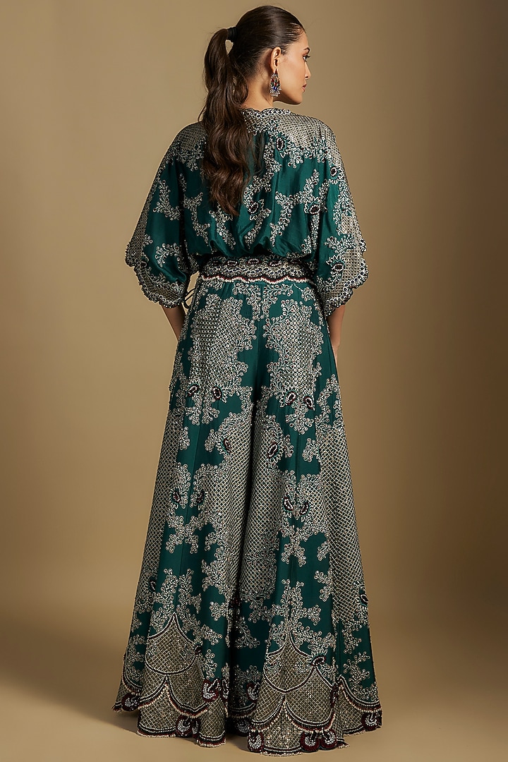 Teal Green Silk & Crepe Hand Embroidered Bridal Sharara Set by Nupur Kanoi at Pernia's Pop Up Shop