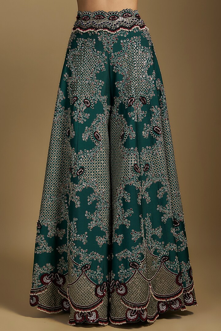 Teal Green Silk & Crepe Hand Embroidered Bridal Sharara Set by Nupur Kanoi at Pernia's Pop Up Shop