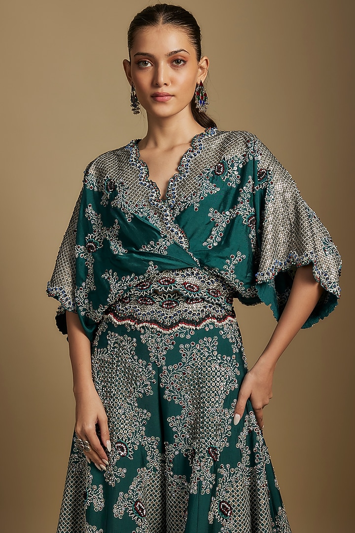 Teal Green Silk & Crepe Hand Embroidered Bridal Sharara Set by Nupur Kanoi at Pernia's Pop Up Shop