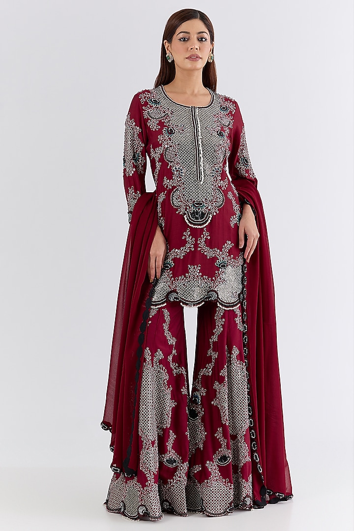 Burgundy Crepe Hand Embroidered Gharara Set by Nupur Kanoi at Pernia's Pop Up Shop