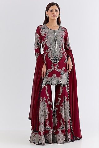 Burgundy Crepe Hand Embroidered Gharara Set by Nupur Kanoi