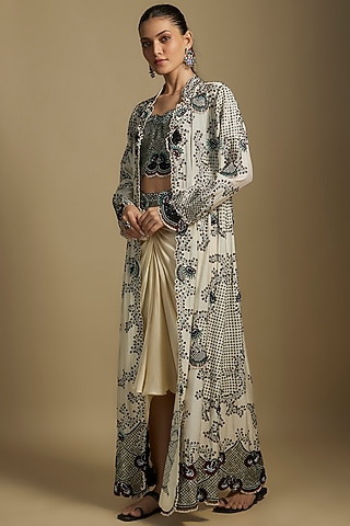 Off-White Silk Hand Embroidered Jacket Set by Nupur Kanoi