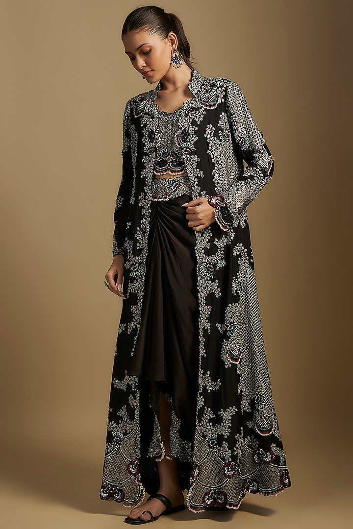 Black Silk Hand Embroidered Jacket Set by Nupur Kanoi at Pernia's Pop Up Shop