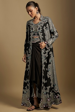 Black Silk Hand Embroidered Jacket Set by Nupur Kanoi